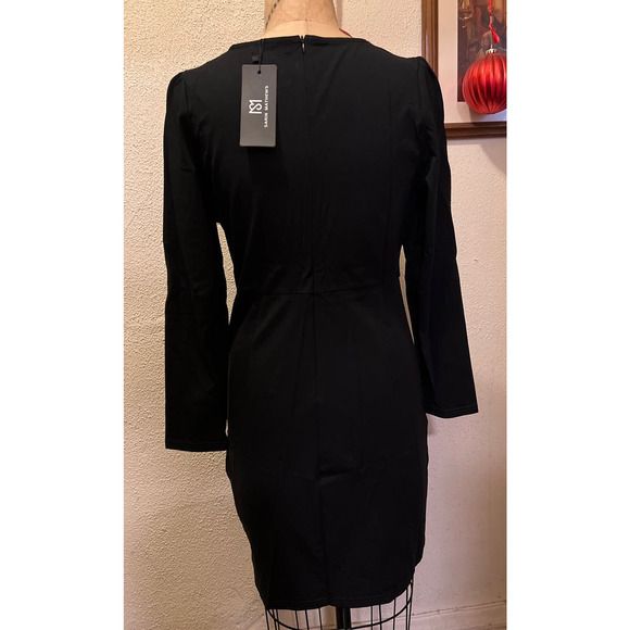 Sarin Mathews Deep V Neck Ruched Bodycon Long Sleeve Mini Dress Black NWT Size M - Picture 7 of 8